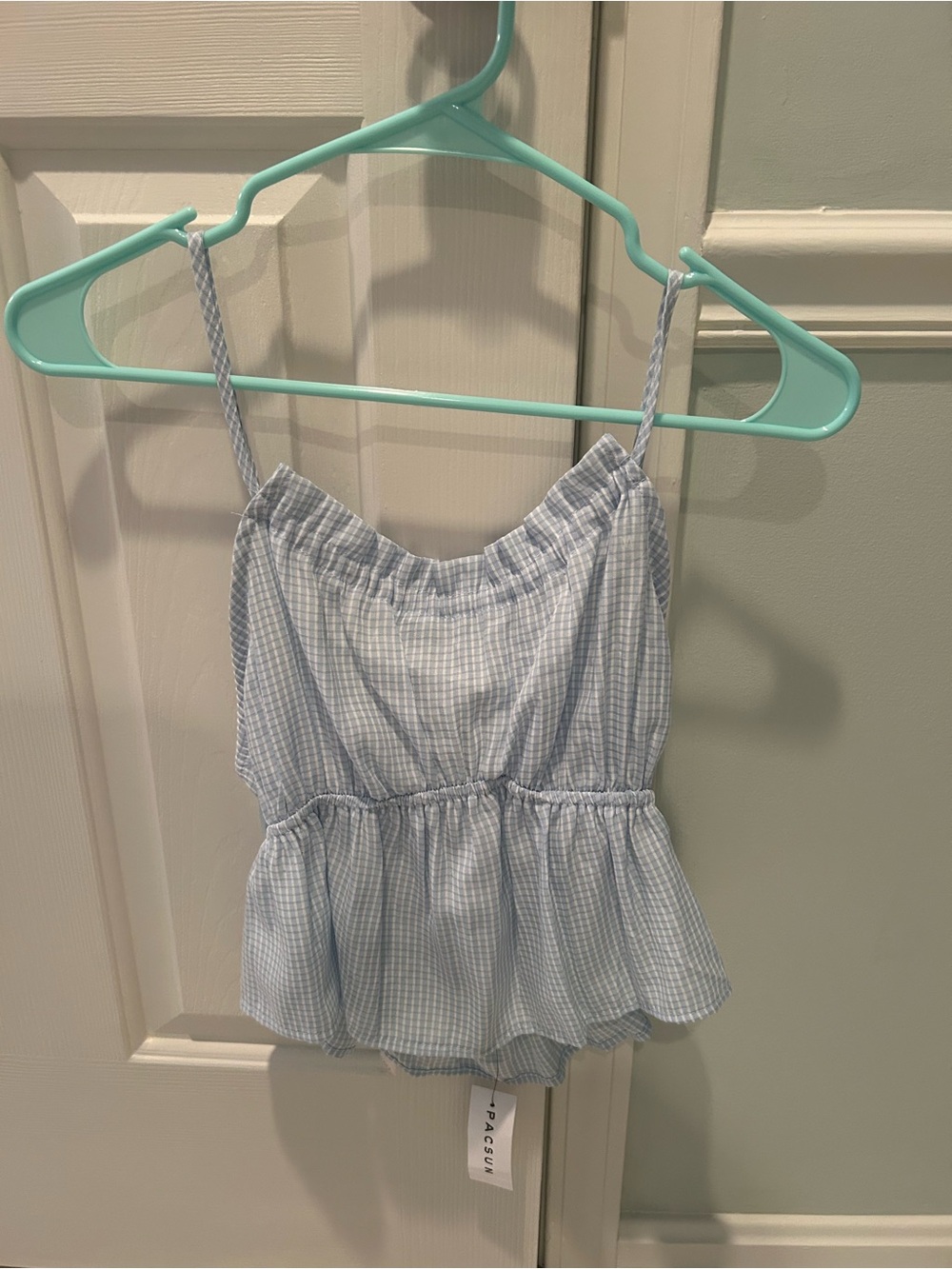 Blue Gingham Peplum Spaghetti Strap Top